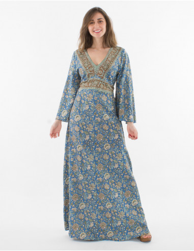 Printed sari polyester 3/4 sleeve long dress