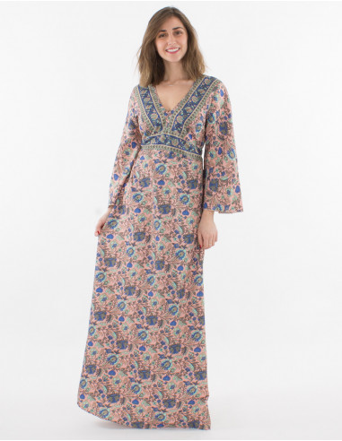 Printed sari polyester 3/4 sleeve long dress