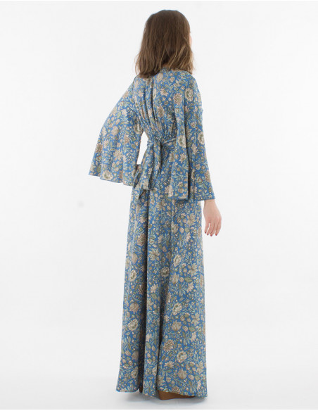 Printed sari polyester 3/4 sleeve long dress