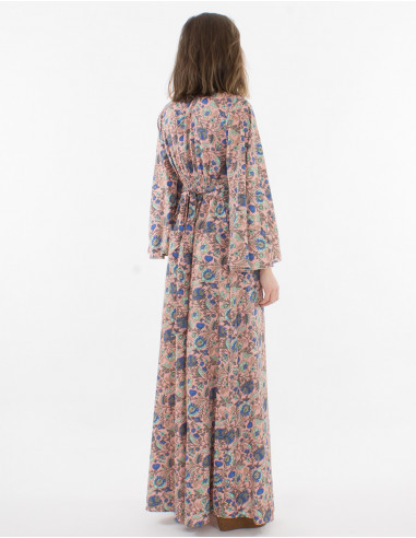 Printed sari polyester 3/4 sleeve long dress