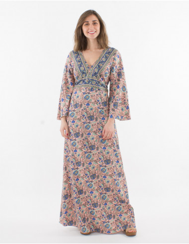 Printed sari polyester 3/4 sleeve long dress