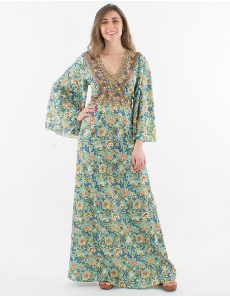 Printed sari polyester 3/4 sleeve long dress