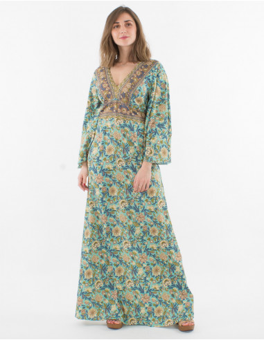 Printed sari polyester 3/4 sleeve long dress