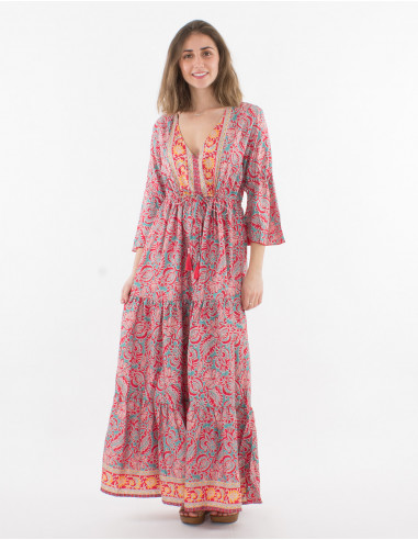 Printed sari polyester 3/4 sleeve long dress