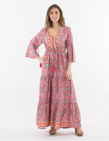 Printed sari polyester 3/4 sleeve long dress