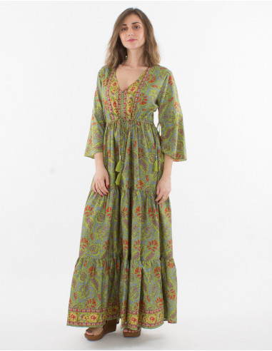 Printed sari polyester 3/4 sleeve long dress