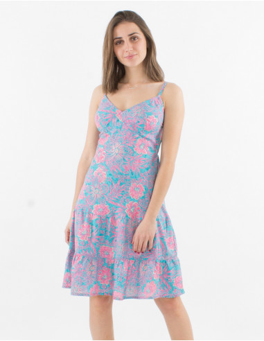 Hibiscus print polyester strapless dress