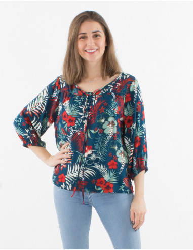 3/4 sleeves viscose blouse with tropical print