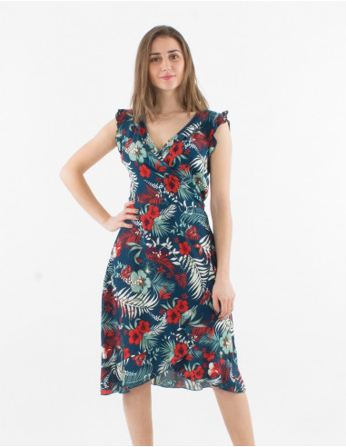 Wrap viscose dress with short sleeves and tropical print