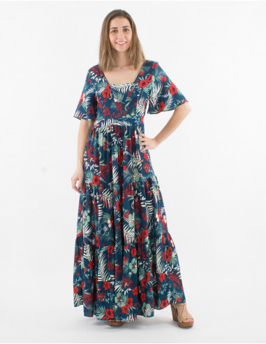 Long viscose dress with short sleeves and tropical print