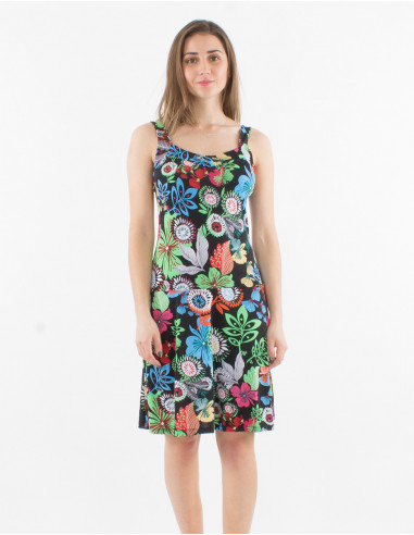 Knitted 96% polyester 4% elasthane straps dress with caraibes print
