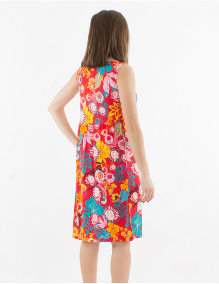 Knitted sleeveless 96% polyester 4% elasthane dress with caraibes print
