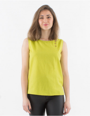 Sleeveless buttoned 91% cotton 9% linen blouse