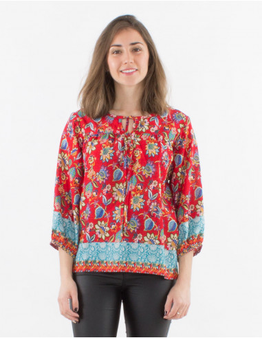 3/4 sleeves polyester blouse with holi flower print