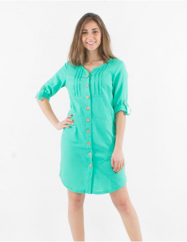 54% linen 46% viscose buttoned dress with roll-up sleeves