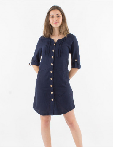 54% linen 46% viscose buttoned dress with roll-up sleeves