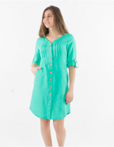 54% linen 46% viscose buttoned dress with roll-up sleeves