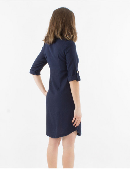 54% linen 46% viscose buttoned dress with roll-up sleeves