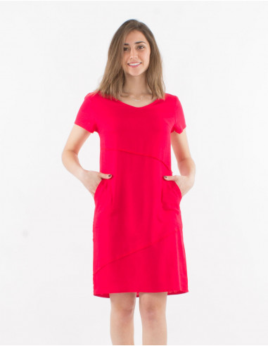 54% linen 46% viscose dress with v-neck and short sleeves