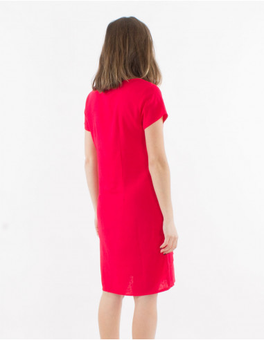 54% linen 46% viscose dress with v-neck and short sleeves