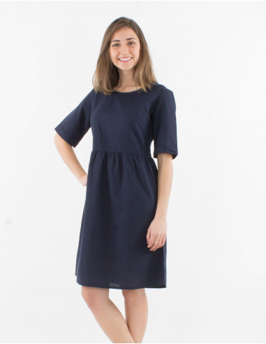 91% cotton 9% linen dress with short sleeve