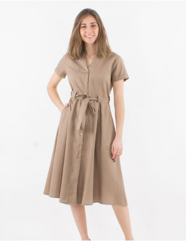 Long 91% cotton 9% linen dress with short sleeves