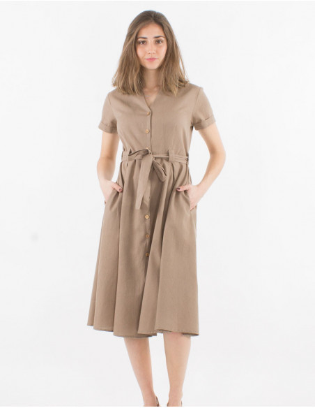 Long 91% cotton 9% linen dress with short sleeves