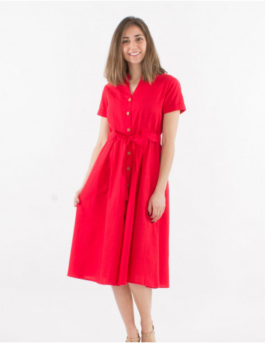 Long 91% cotton 9% linen dress with short sleeves