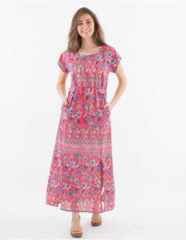 Long polyester dress with short sleeves holi flower print