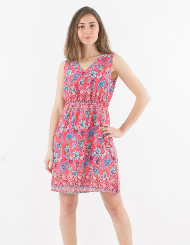Sleeveless polyester dress with holi flower print