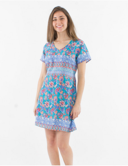 Polyester dress with short sleeves and holi flower print