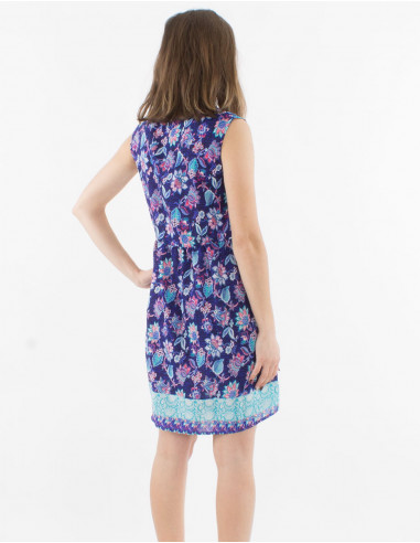 Sleeveless polyester buttoned dress with holi flower print