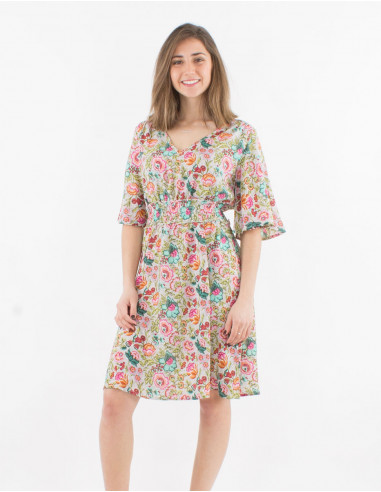 Short sleeves polyester dress and pivoine print