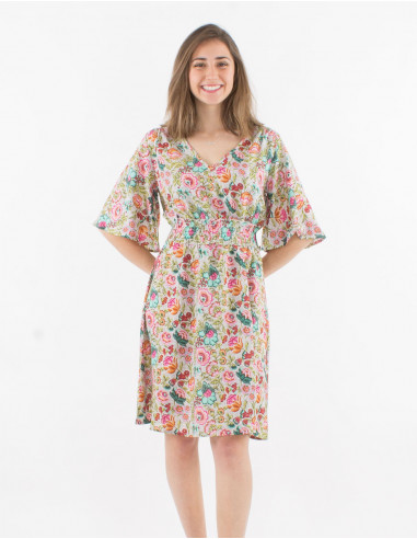 Short sleeves polyester dress and pivoine print