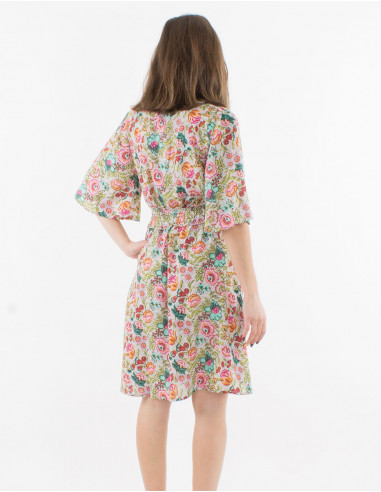 Short sleeves polyester dress and pivoine print