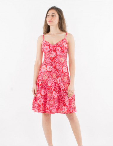 Hibiscus print polyester strapless dress