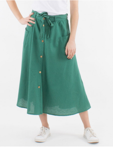 Mid length buttoned 91% cotton 9% linen skirt