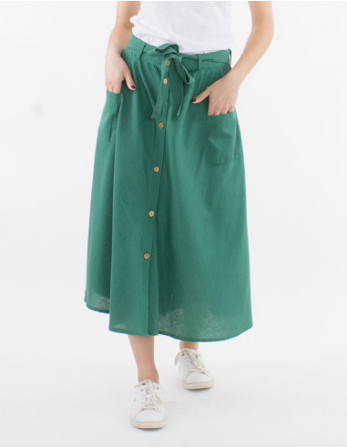 Mid length buttoned 91% cotton 9% linen skirt