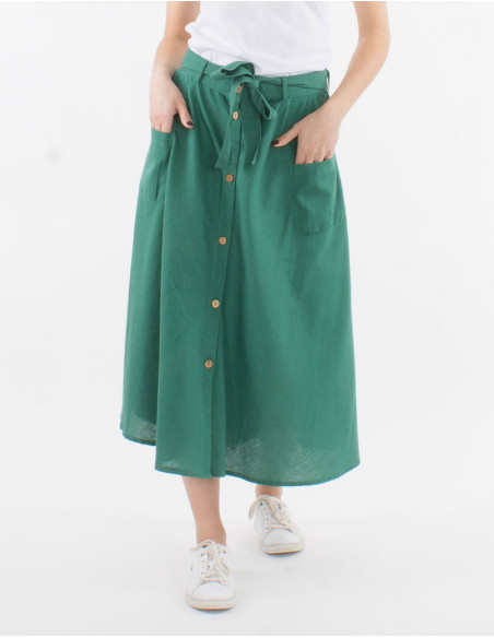 Mid length buttoned 91% cotton 9% linen skirt