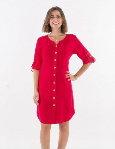 54% linen 46% viscose buttoned dress with roll-up sleeves