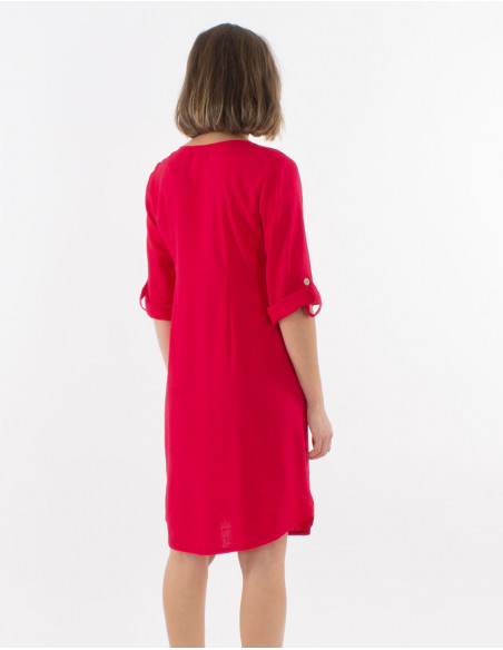 54% linen 46% viscose buttoned dress with roll-up sleeves