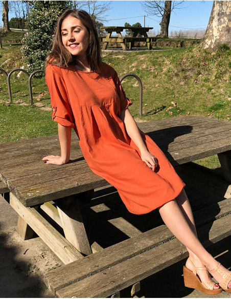 54% linen 46% viscose loose dress with short sleeves