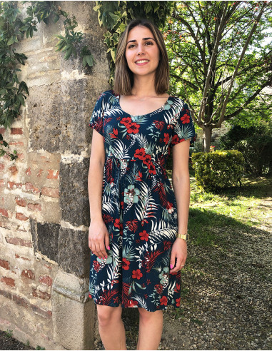 Viscose short sleeves dress and tropical print