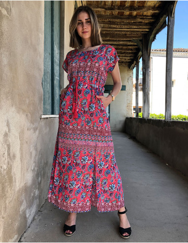 Long polyester dress with short sleeves holi flower print