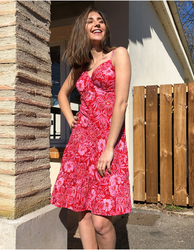 Hibiscus print polyester strapless dress