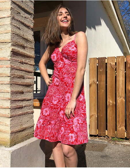 Robe Polyester Bretelles Imprime Hibiscu