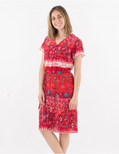 Short sleeves polyester buttoned dress and delhi print