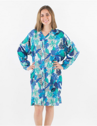 Viscose buttoned tunic dress with long sleeves and print amazonie