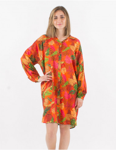 Viscose buttoned tunic dress with long sleeves and print amazonie