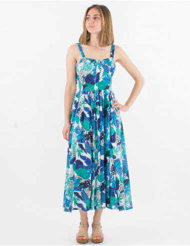 Viscose smocked back dress with straps and amazonie print